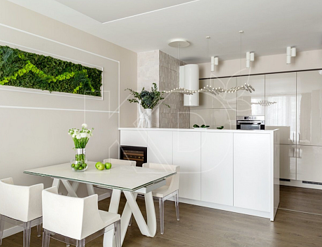 Белая глянцевая кухня в интерьере